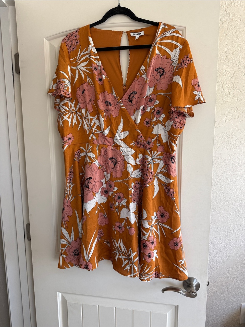 Express Mustard Floral Faux Wrap Dress with Pink and White Blooms